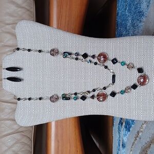 Art Glass Multi-Strand Necklace & Vintage 925 Black Onyx Earrings Set 🖤💖